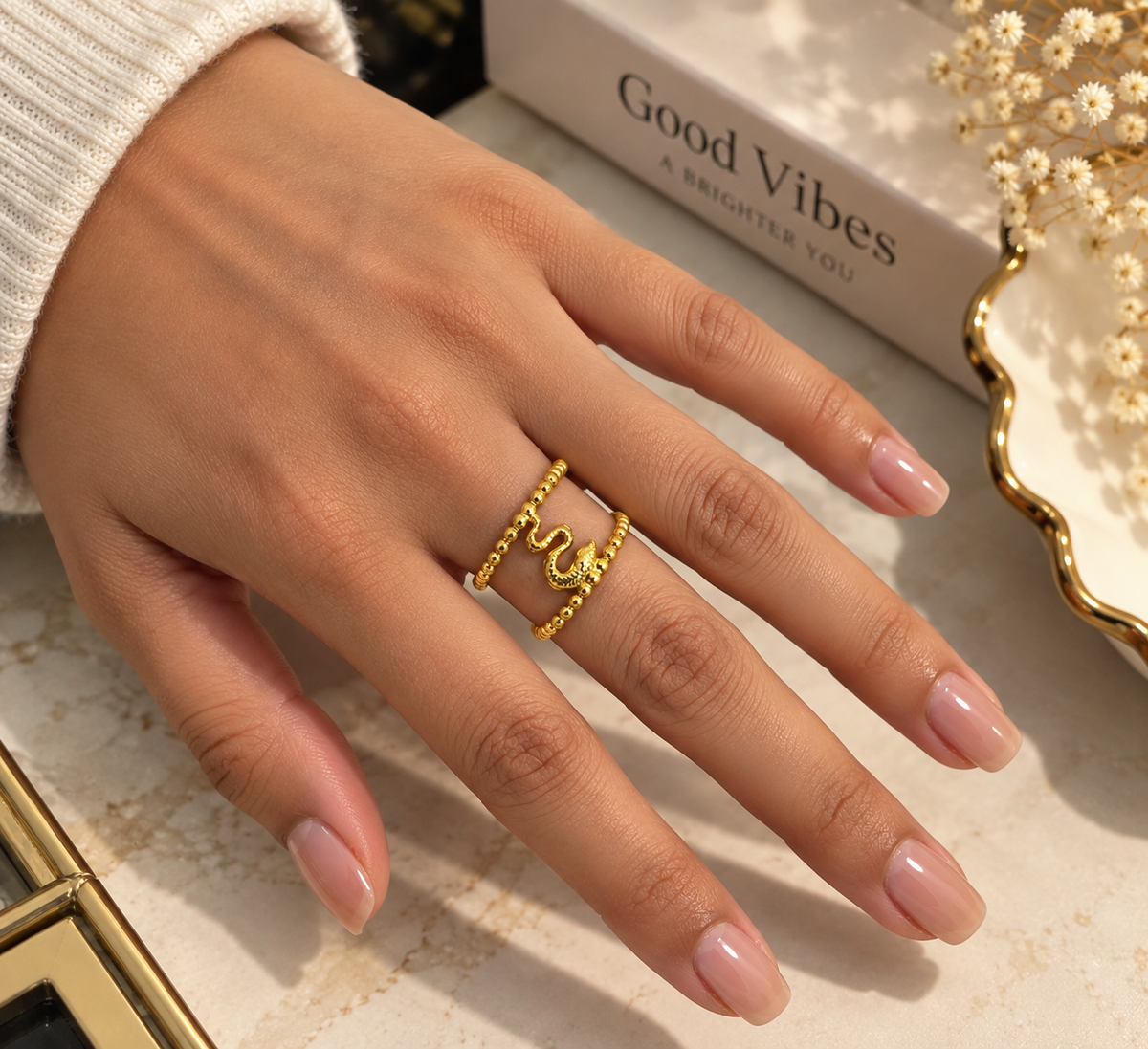 Golden Serpent Beaded Adjustable Ring
