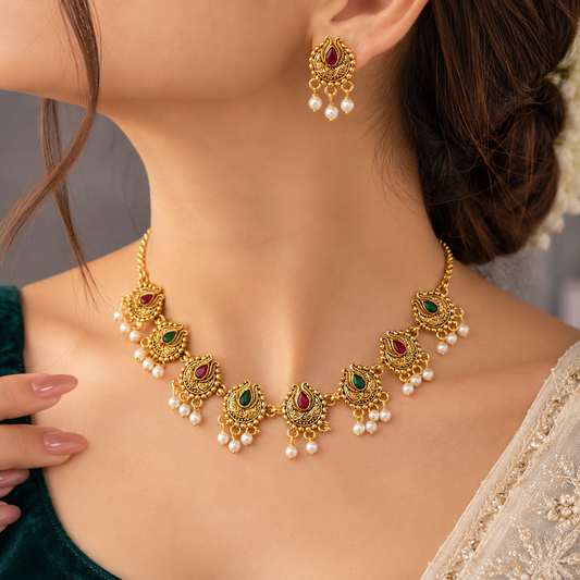 temple choker necklace set with ruby  stone accents