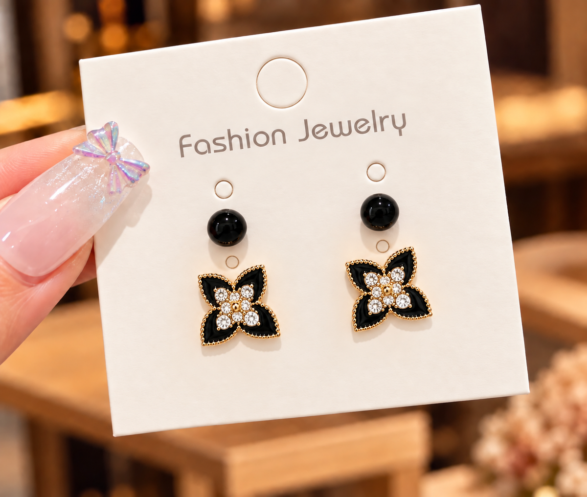 Set of 2 pair black enamel four-leaf clover design stud earring