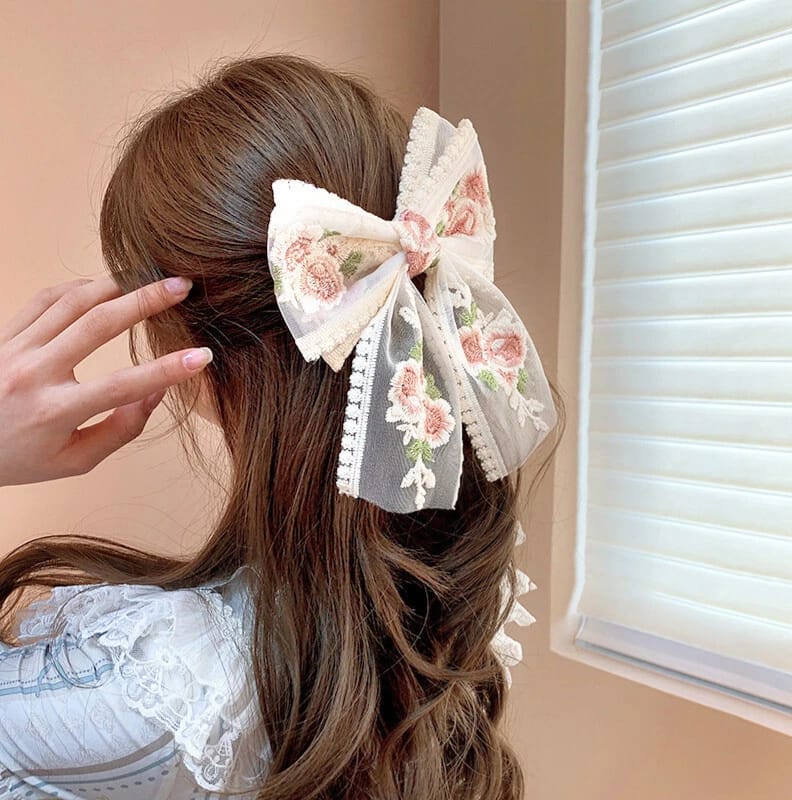 Trendy Hair Bow Clip Set of 2 (White & Cream)