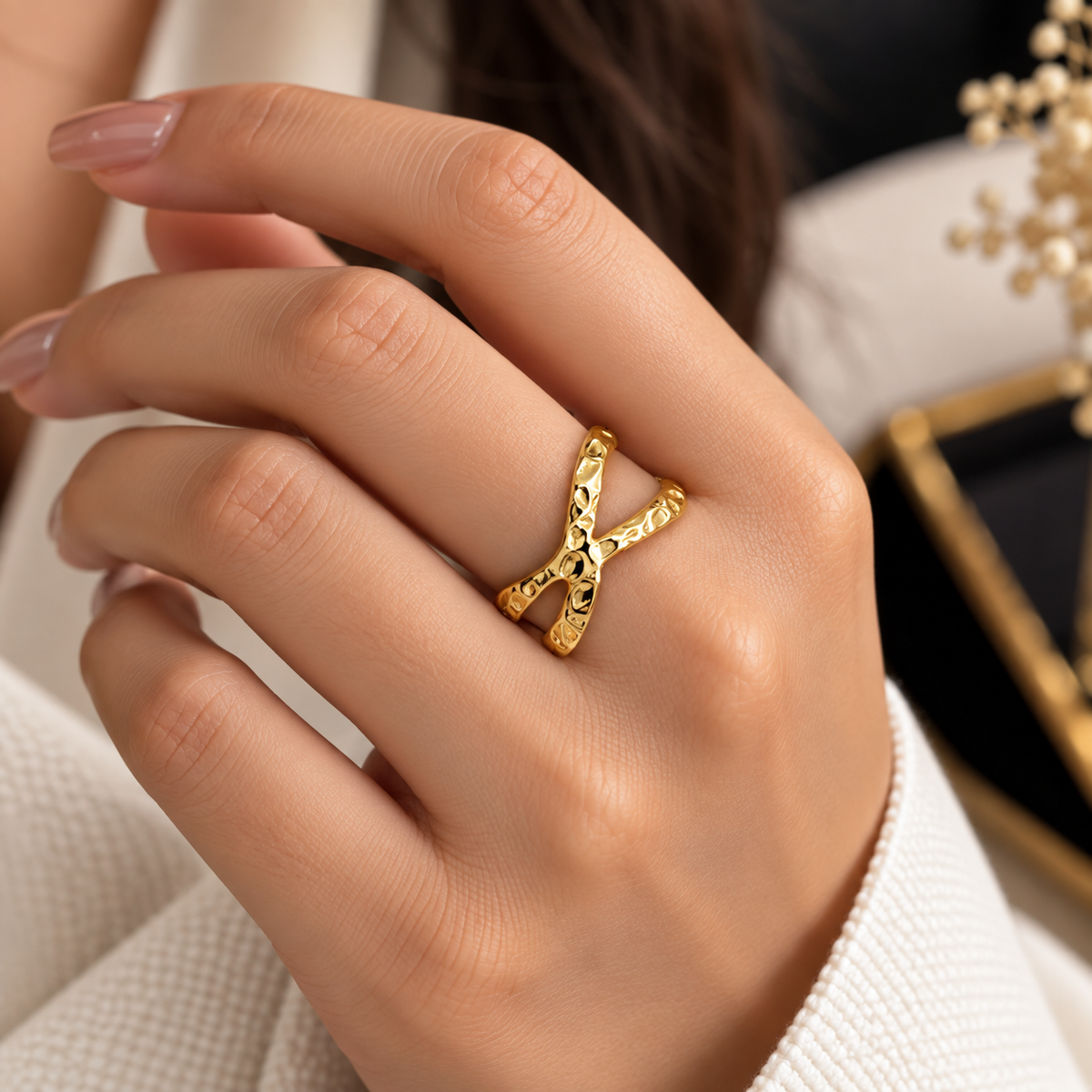Textured Criss-Cross Golden Statement Ring