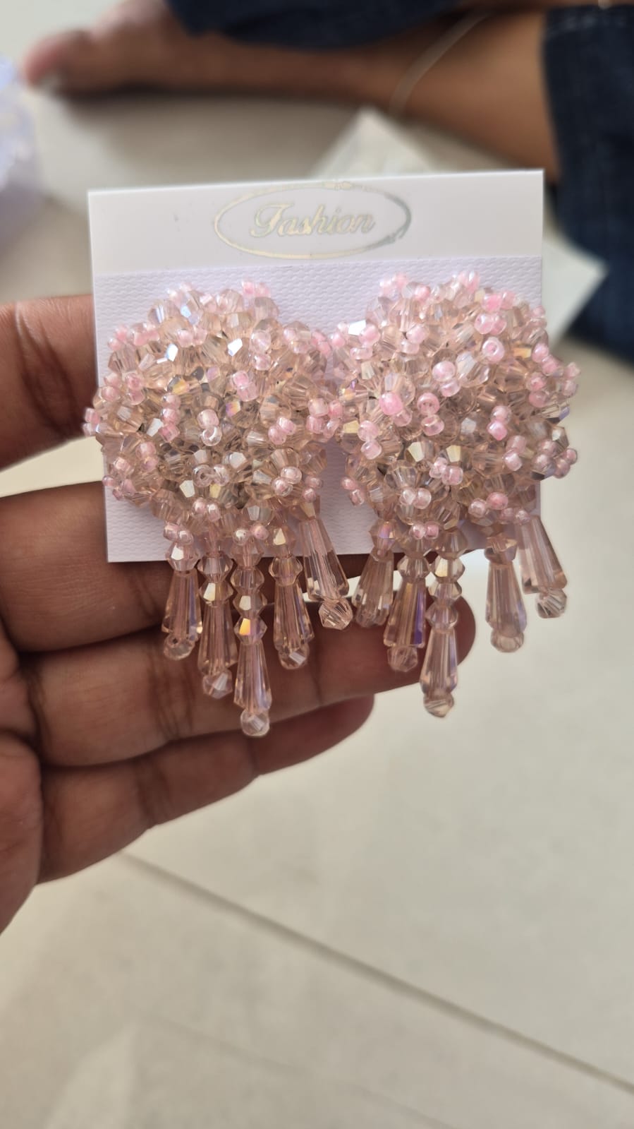 Pink beaded and faceted crystal chandelier drop earring
