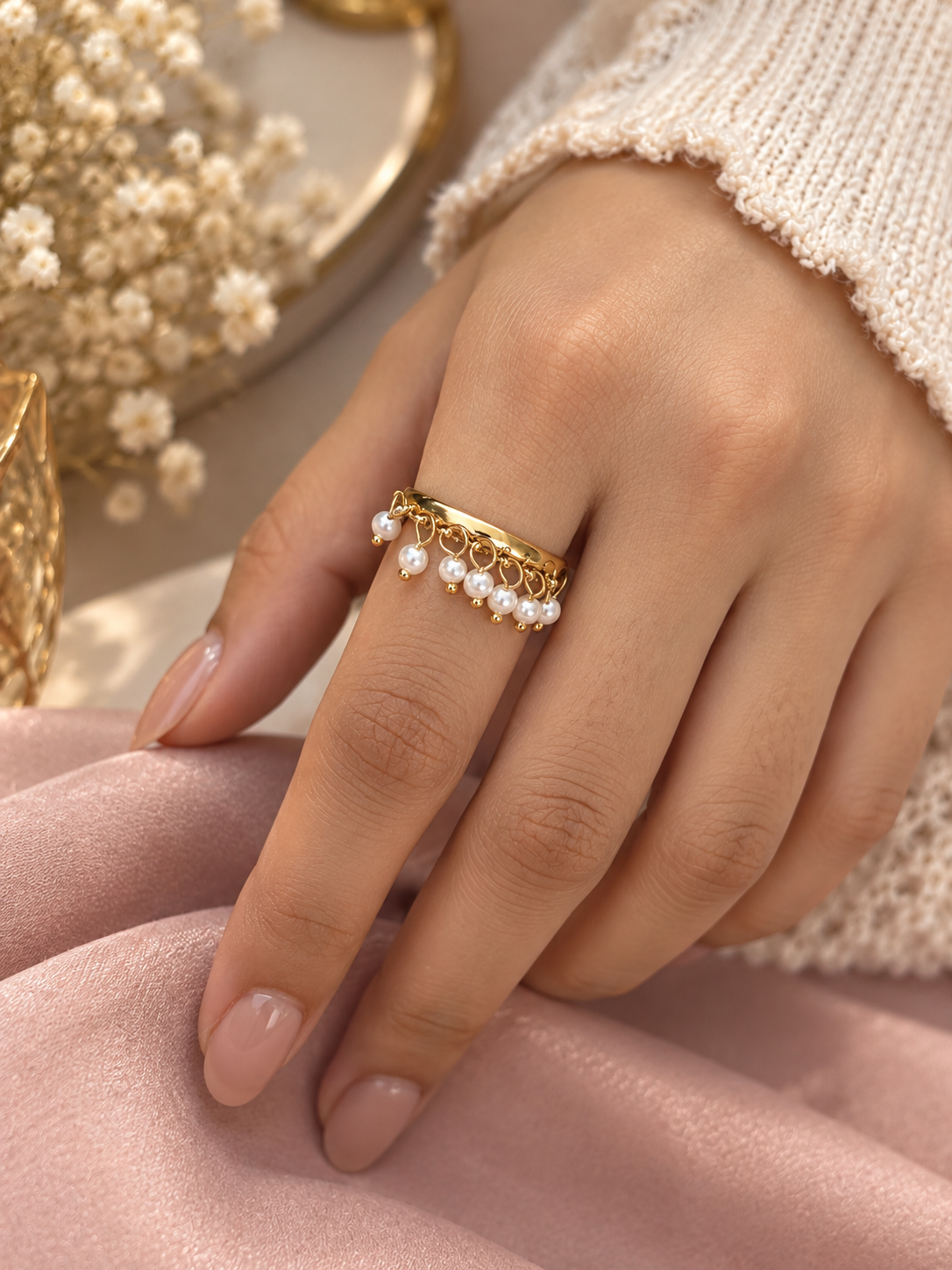 Pearl Drop Charm Golden Ring