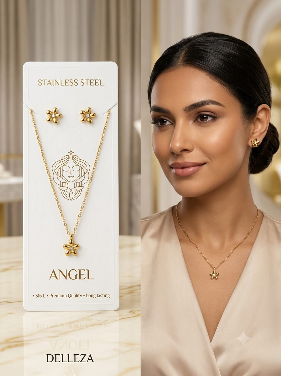 Anti tarnished flower necklace & matching heart stud earrings set
