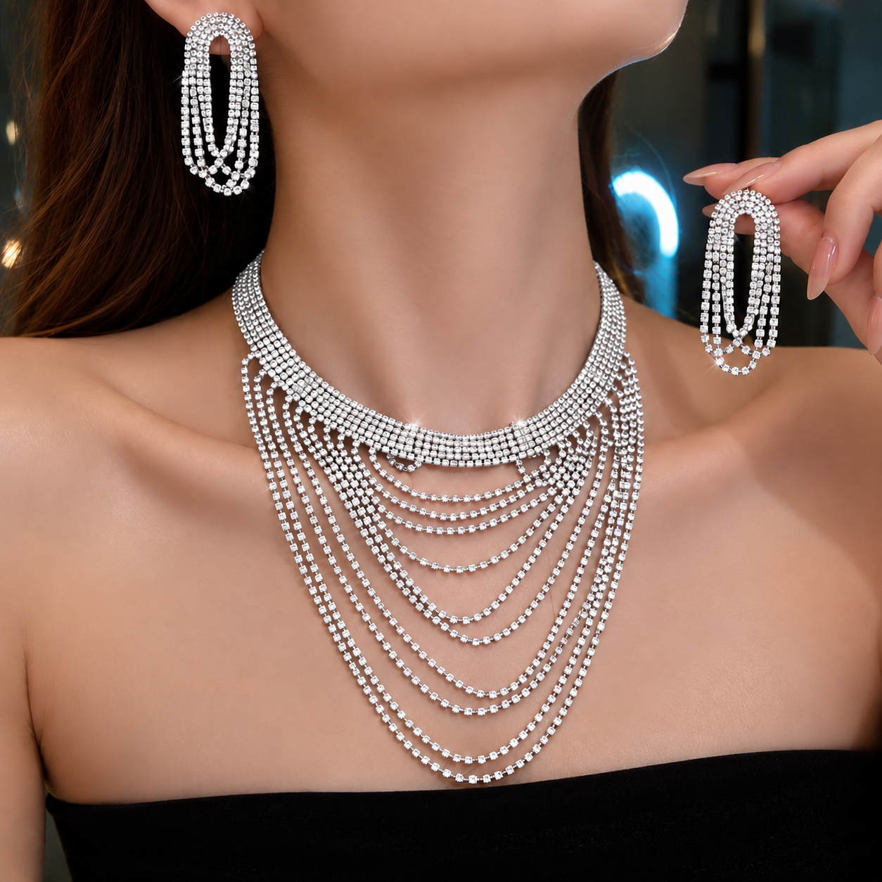 silver-plated, multi-layered diamond necklace with earring set