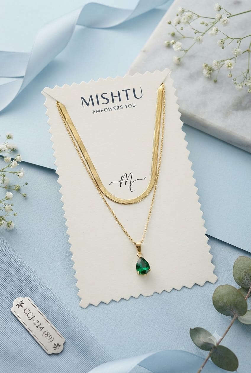 Gold-Tone Layered Necklace with Green Teardrop Pendant