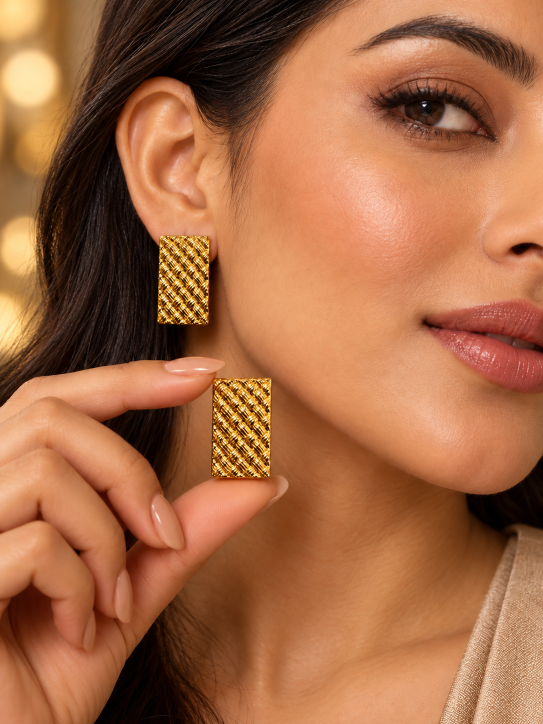 Golden Woven Texture Rectangle Stud Earrings