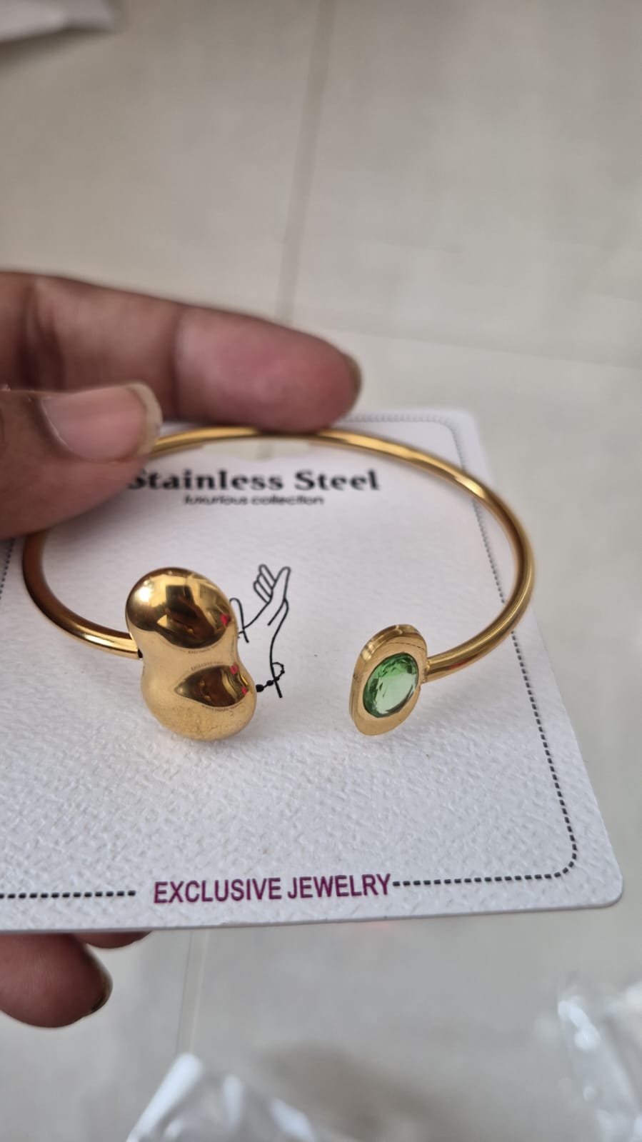 stainless-steel open green stone cuff bracelet