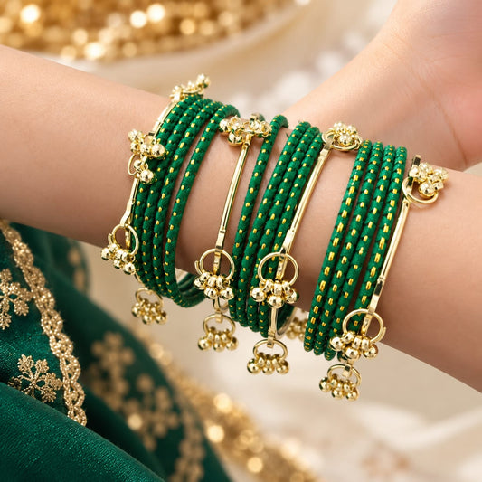 Set of 16 pcs green matte finishing with Kashmiri bangles