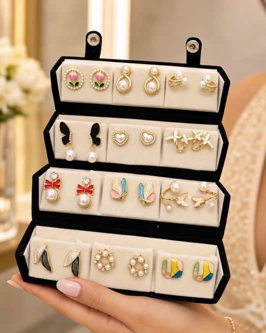 Premium Korean Earrings Box Set + 12 Pairs Fancy Stud Combo set