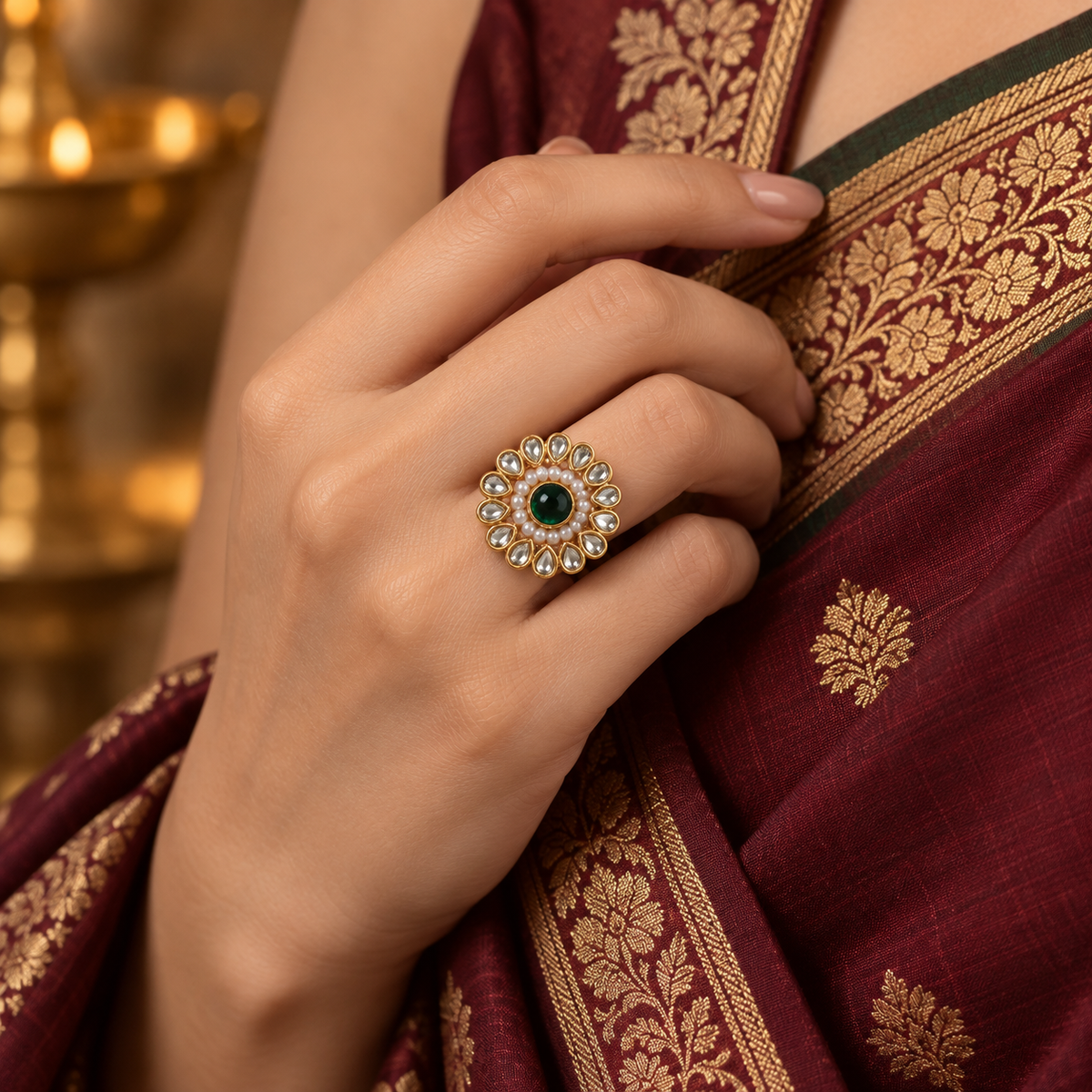 green and White kundan  ring