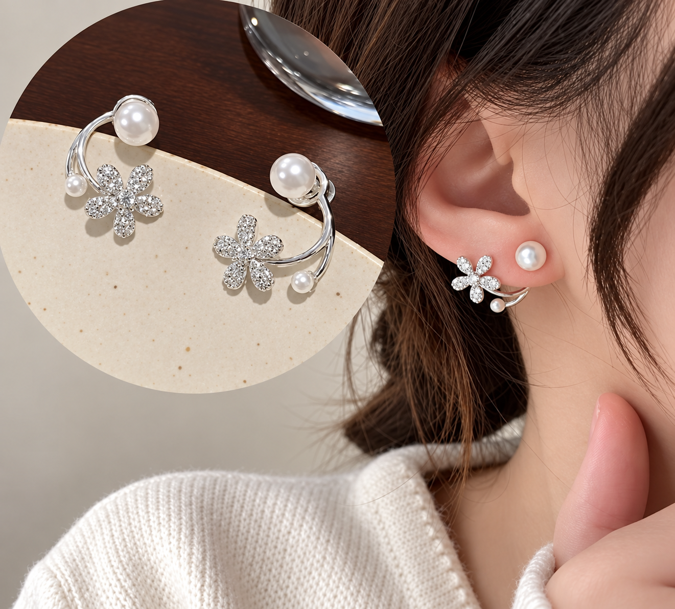 2in1 silver-toned floral design ear jacket pearl earring