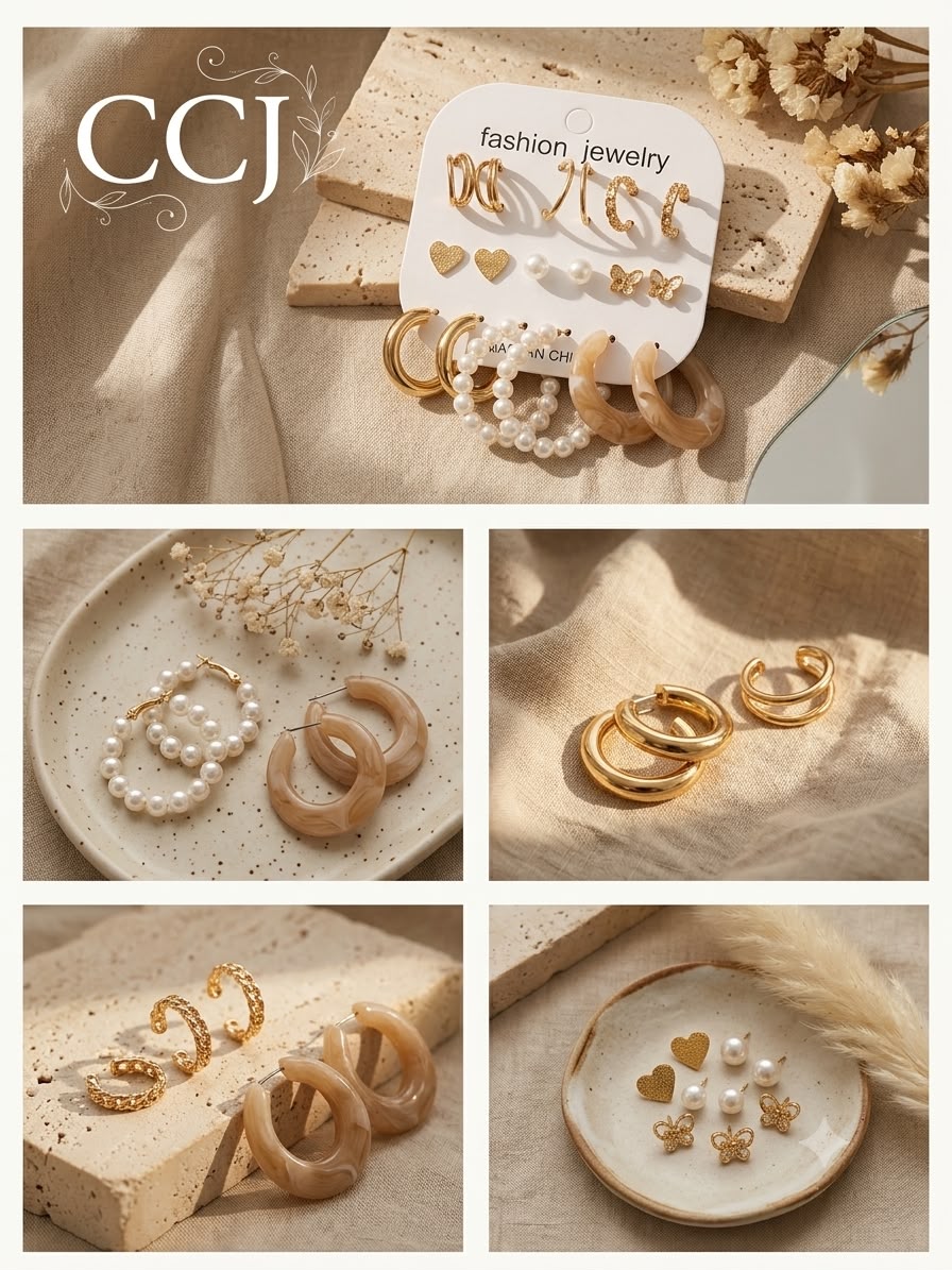 Earring   Cream combo set of 9 psc