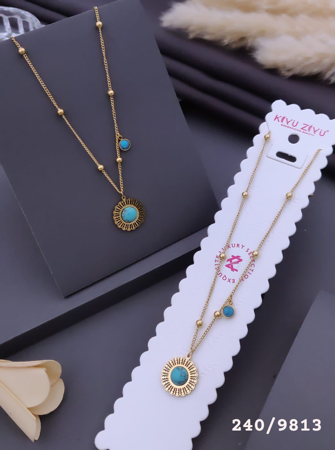 Gold-Tone Turquoise Sunburst Pendant Necklace