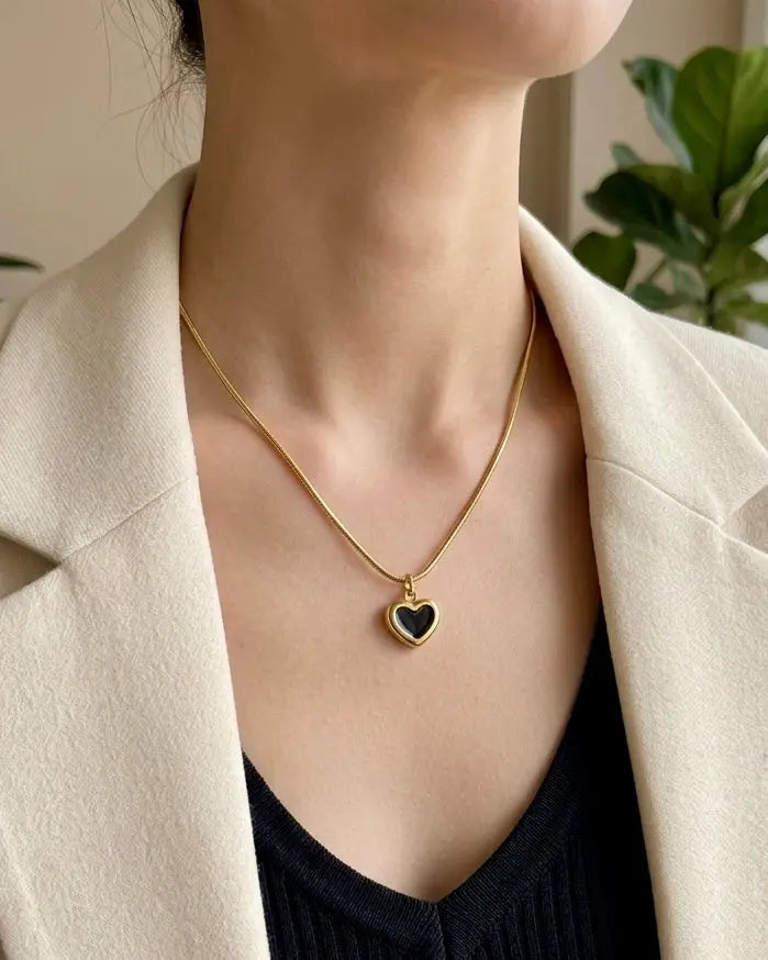 Golden Black & White Heart Anti Tarnish Necklace for Women