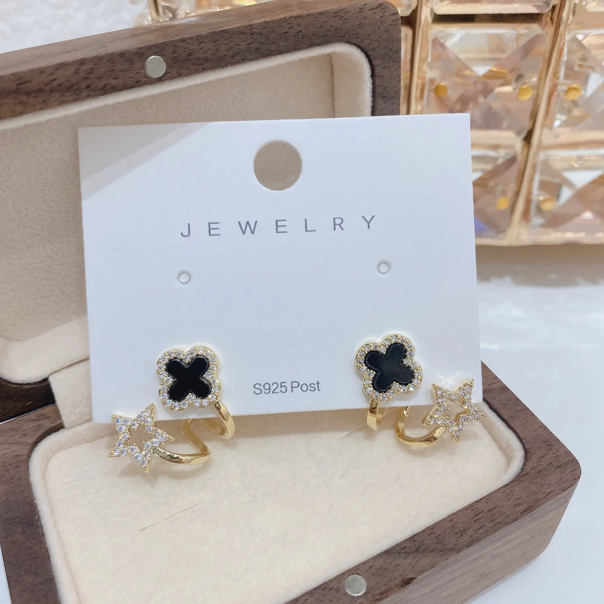 four-leaf clover and star crystal stud/cuff earring
