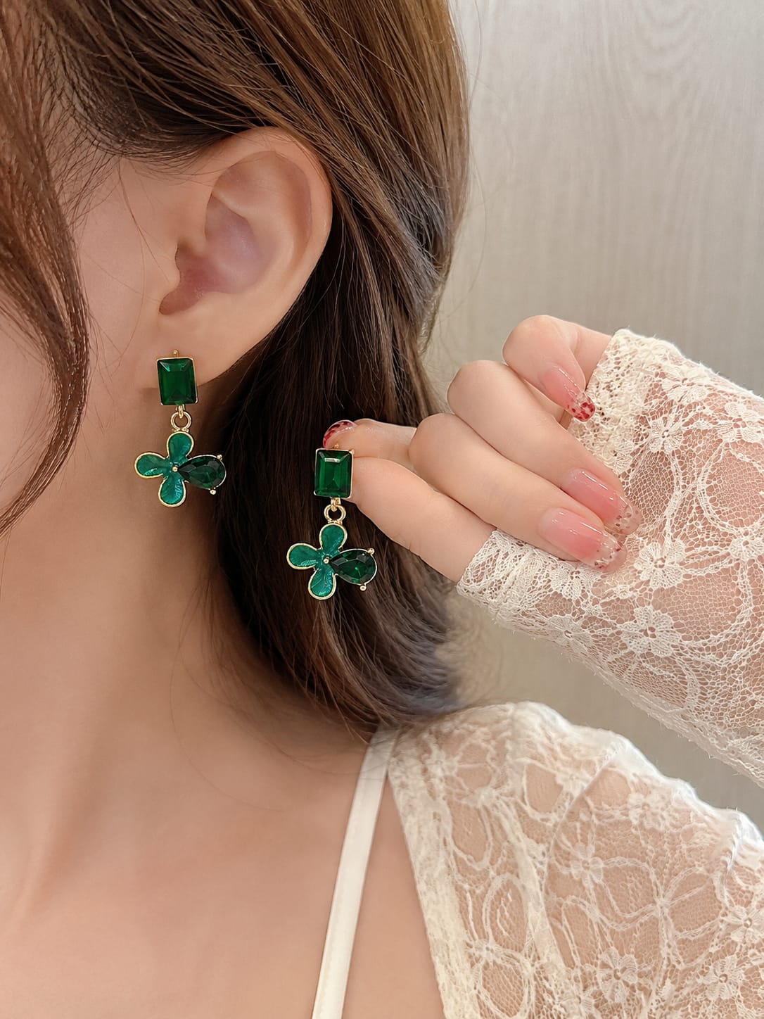 Crystal with flower drop Korean stud earrings