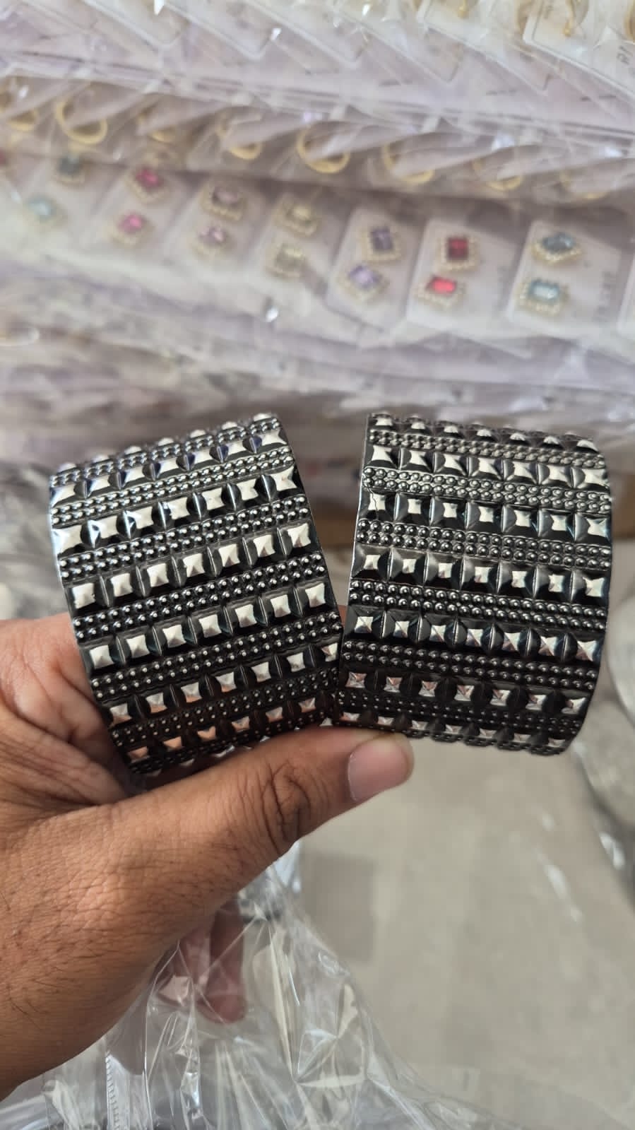 Oxidised Studded Broad Handcuffs – Set of 2