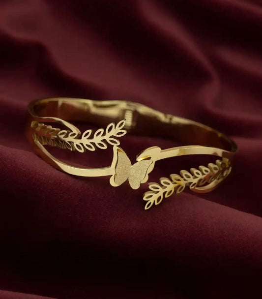 Anti Tarnish Leaf Butterfly Open Kada Bracelet