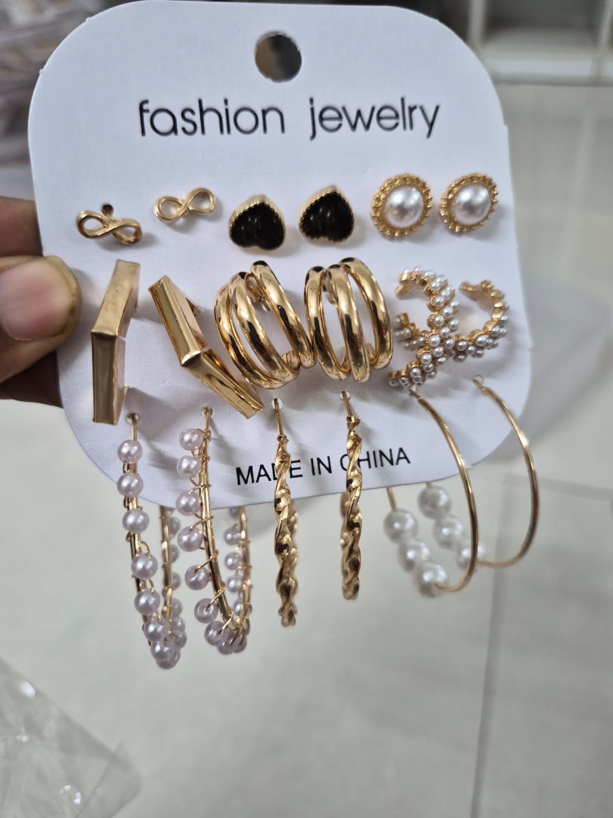 Set of 9 pair Golden Pearl Hoop And Stud Earrings Set