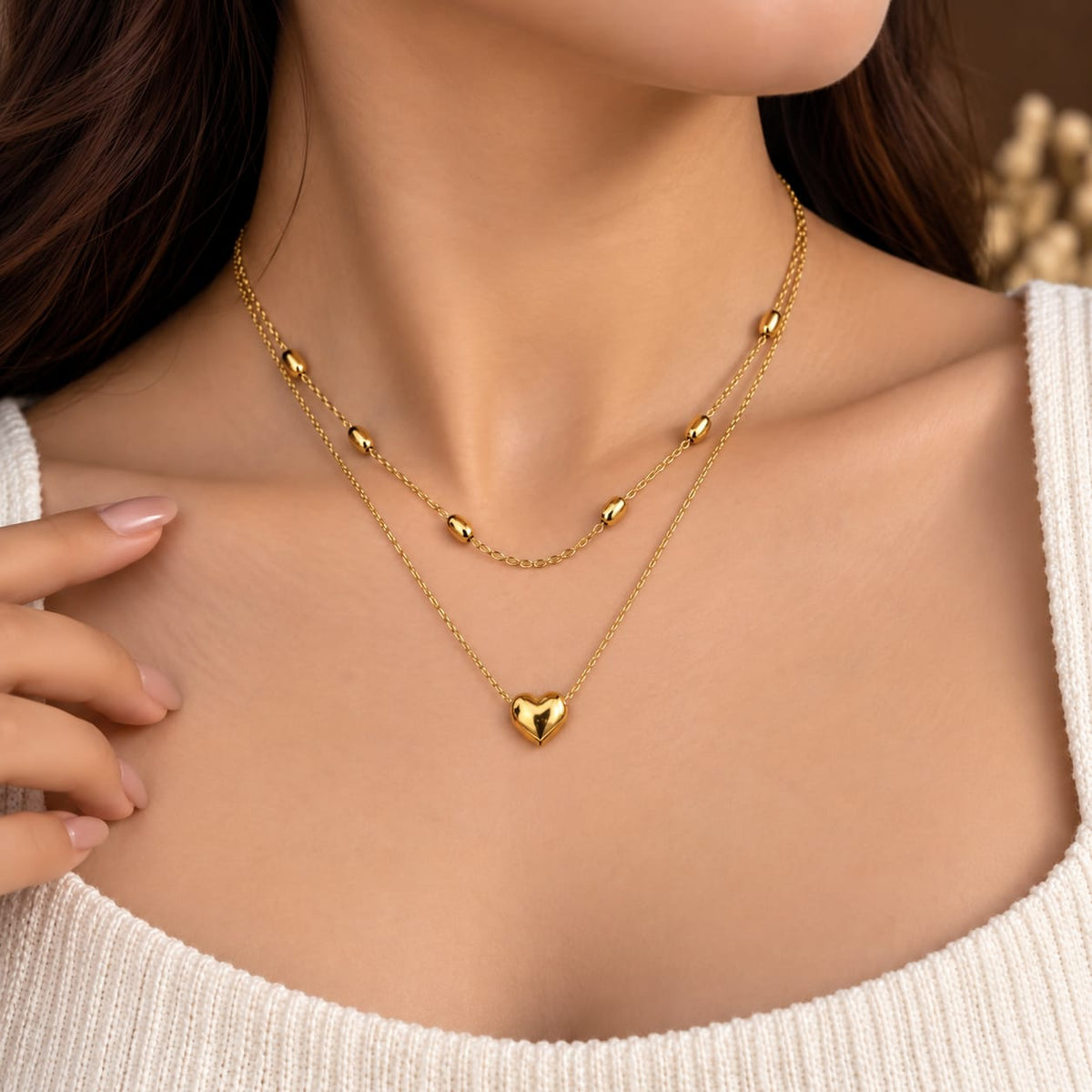 Double Layer Golden Beaded Heart Pendant Necklace