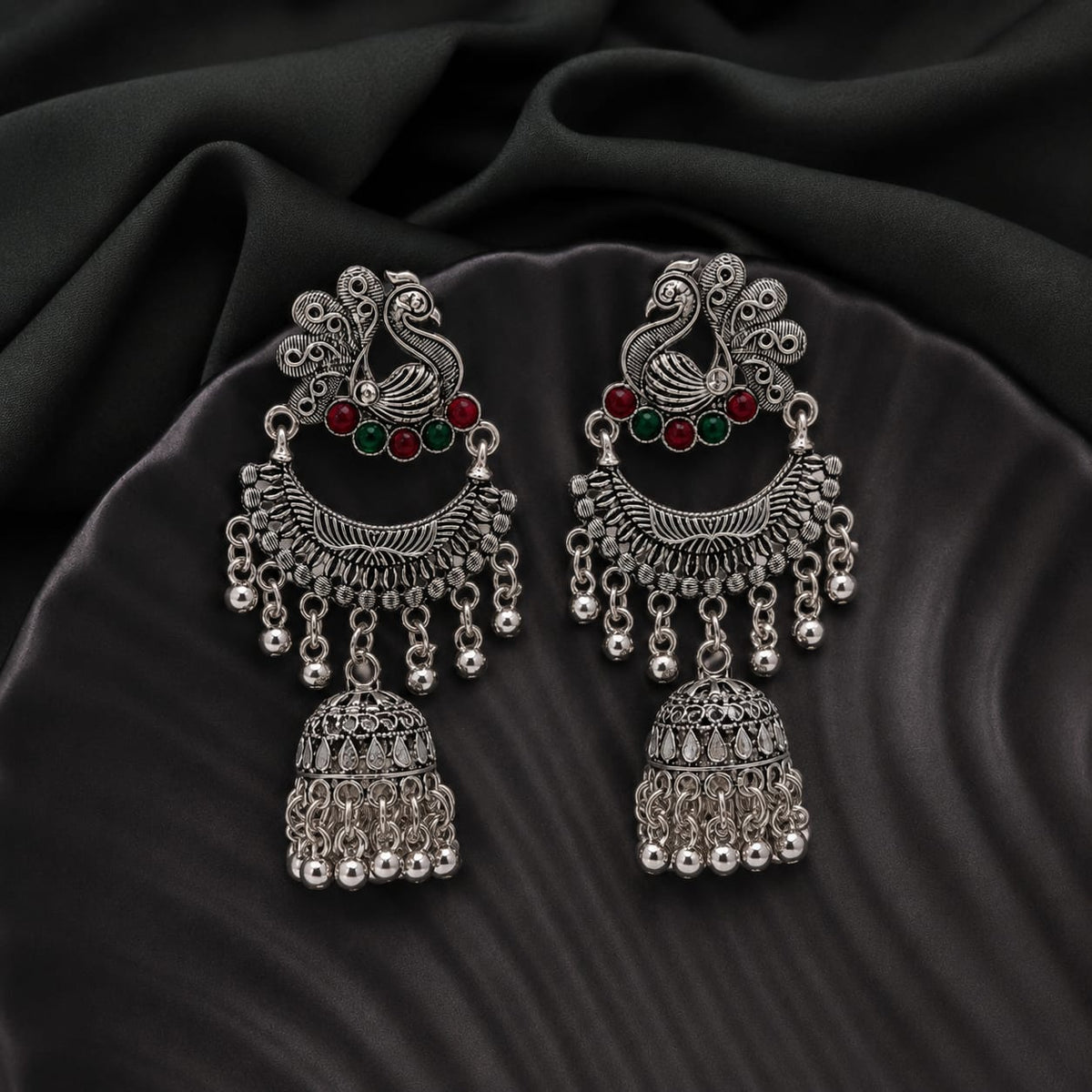Traditional silver-oxidized teardrop jhumka earring