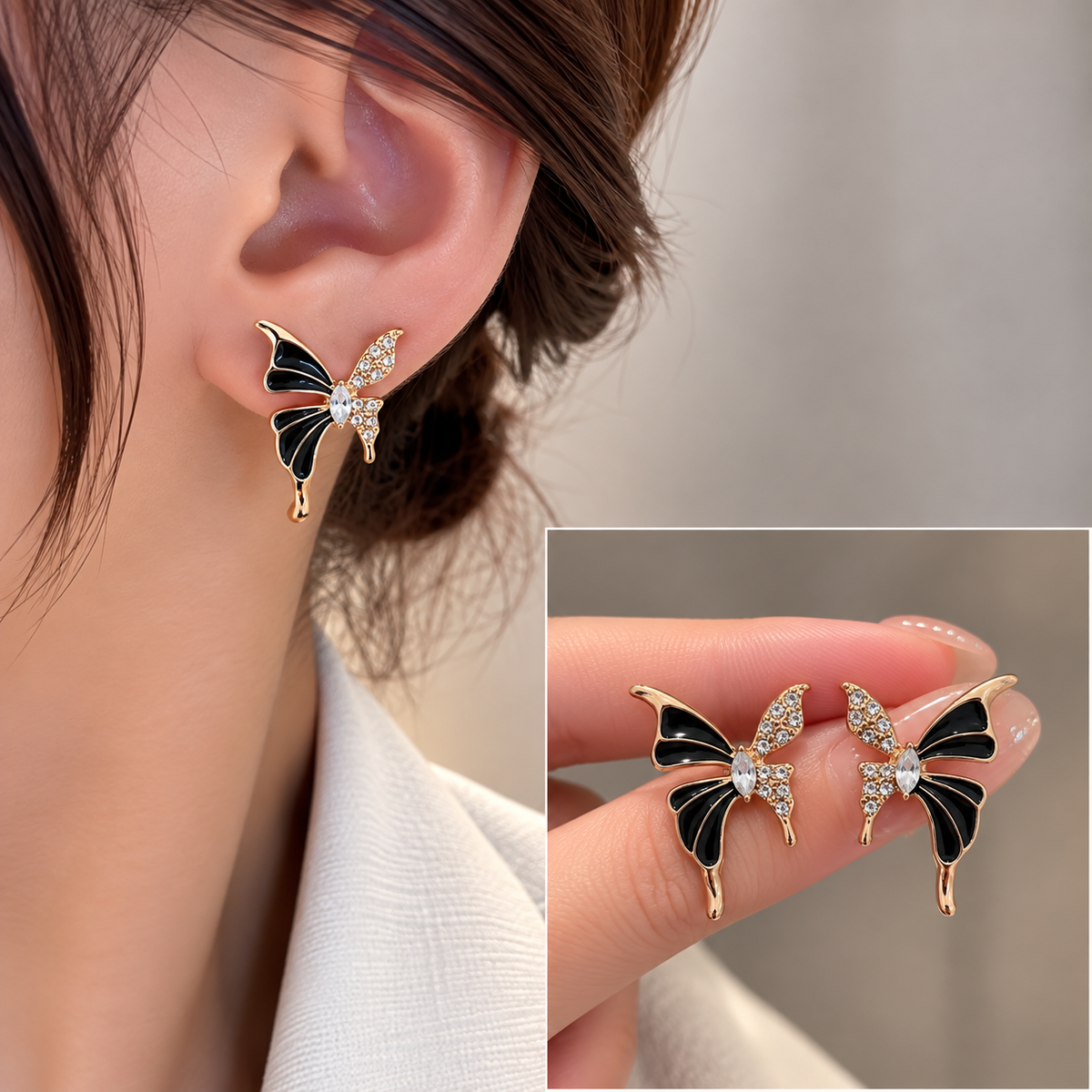 butterfly stud earrings feature black enamel wings