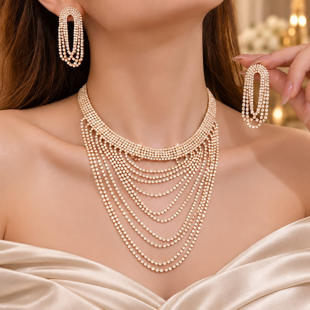 rose gold plated, multi-layered diamond necklace with earring set