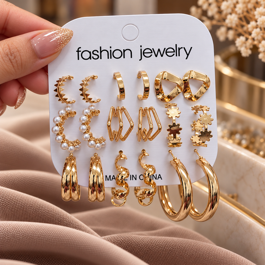 Set of 9 pairs pearls , ranctangle zigzag hoops mix