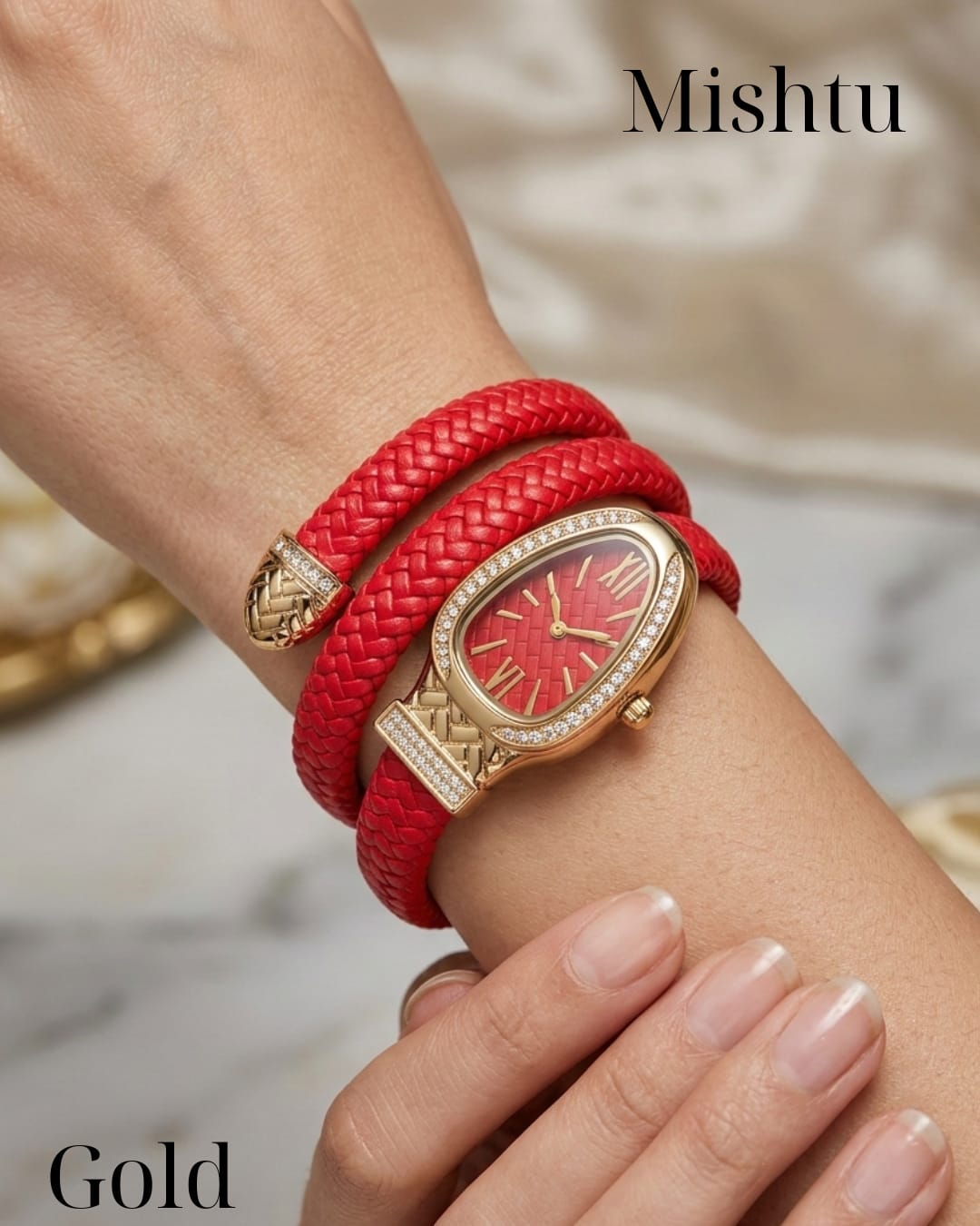 Premium snake style wrist watch with gold dial