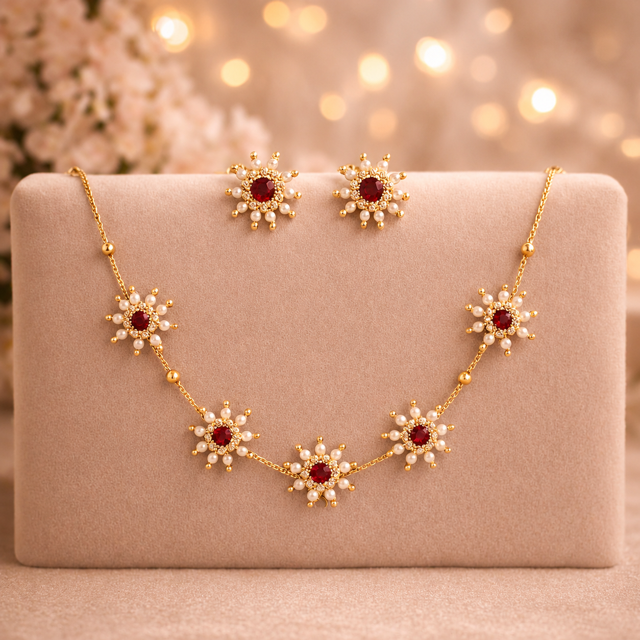 Gold Plated Floral Pearl & Stone Necklace with Stud Earrings