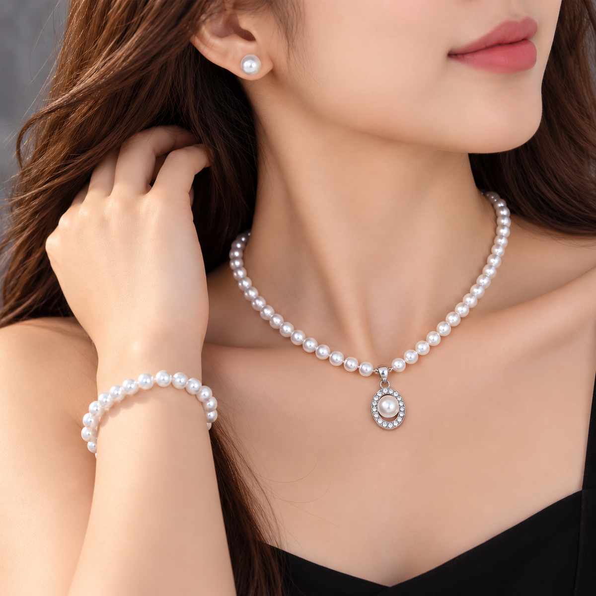 White  round Pearl necklace, bracelet and earrings combo set