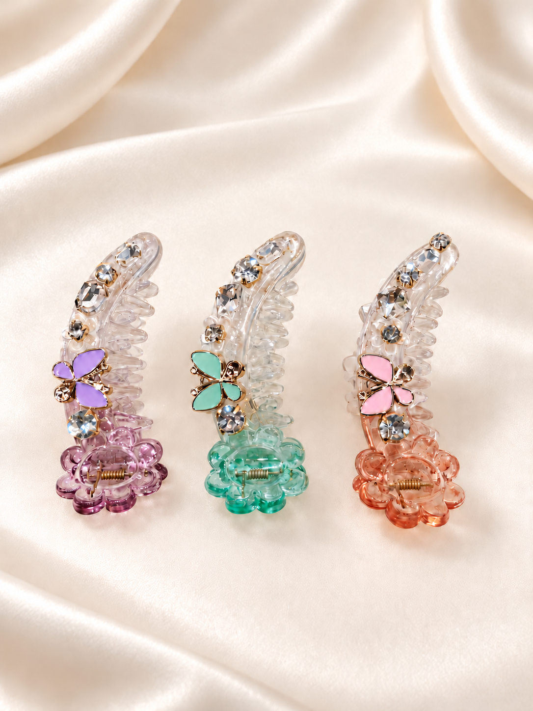 Set of 3 Pastel Butterfly & Crystal Floral Banana Hair Clip