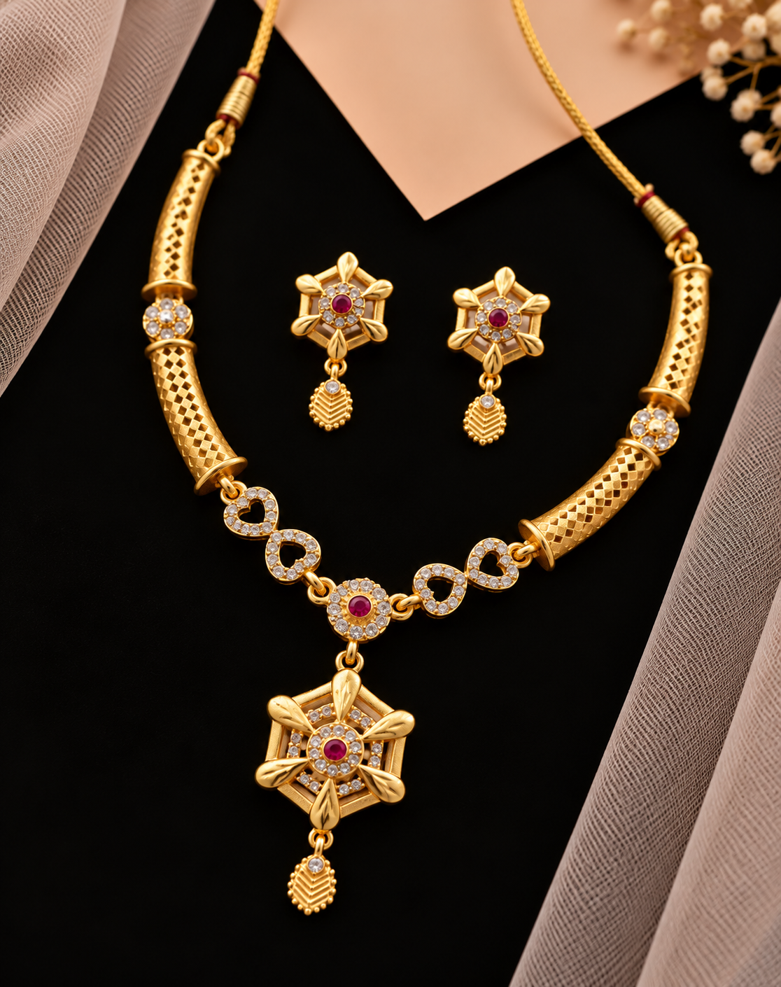 Gold-plated designer/imitation necklace set with matching earrings