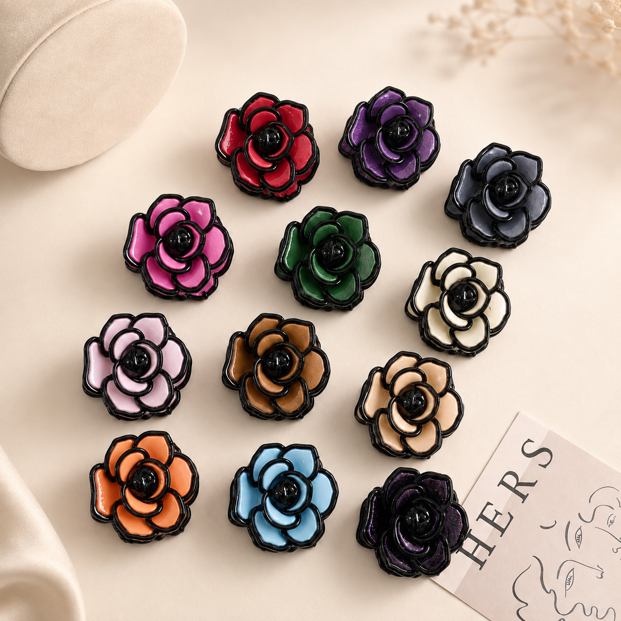 Set of 12 pcs multi-colored floral camellia/rose hair claw  clutchers