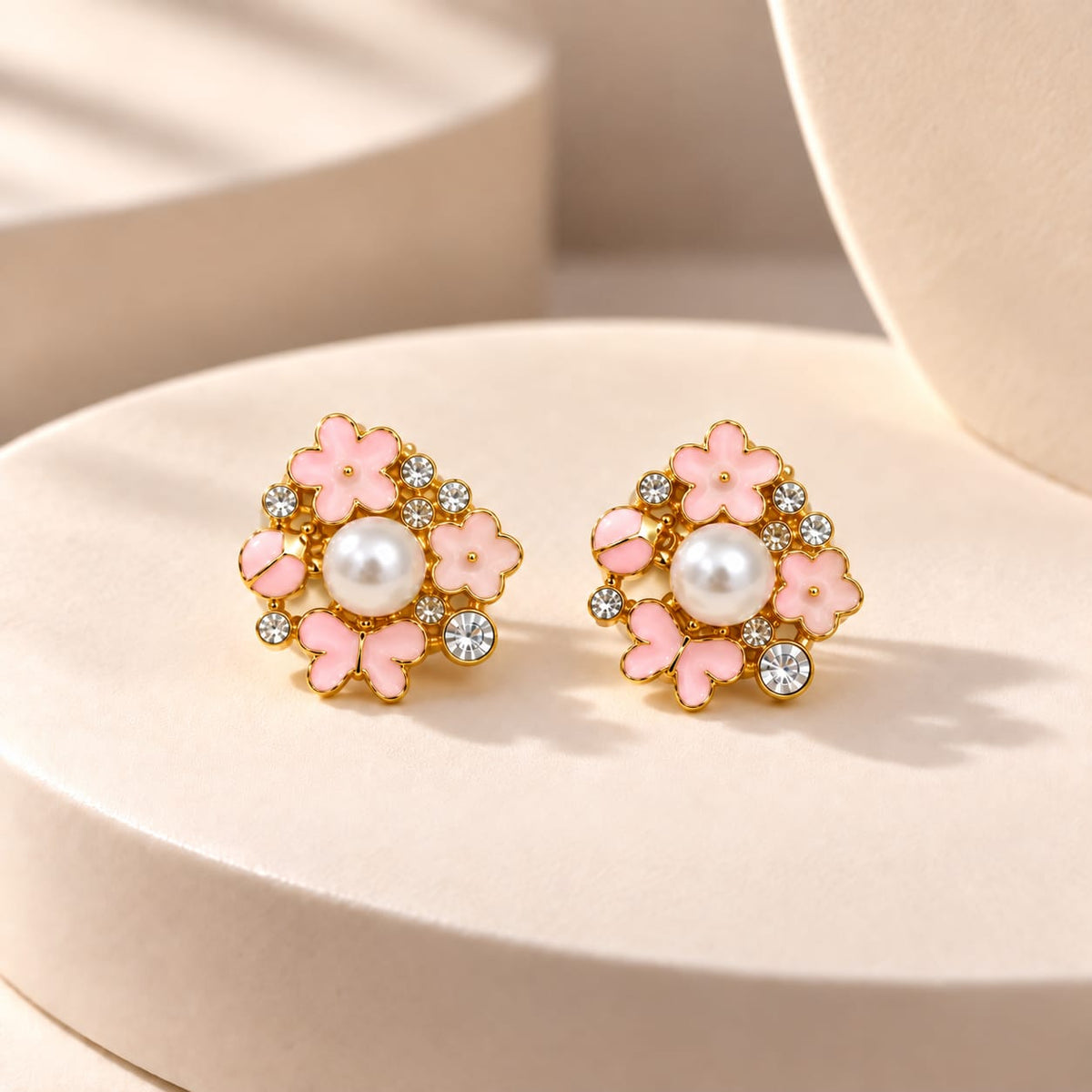 Pink Pearl Floral Crystal Stud Earrings