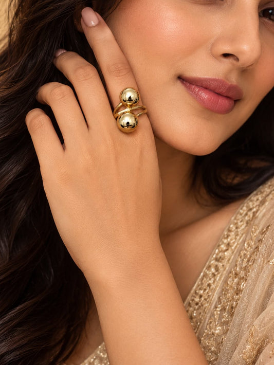 Golden Double Orb Open-Style Statement Ring