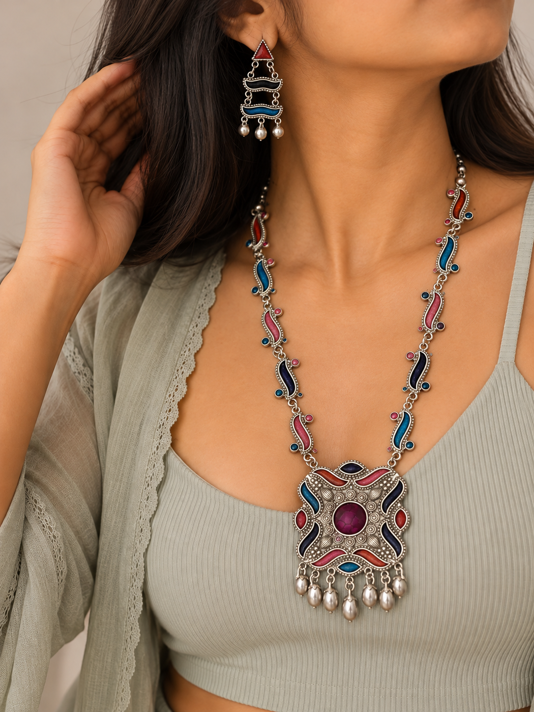 Oxidised Afghani Multicolor Long Necklace Set
