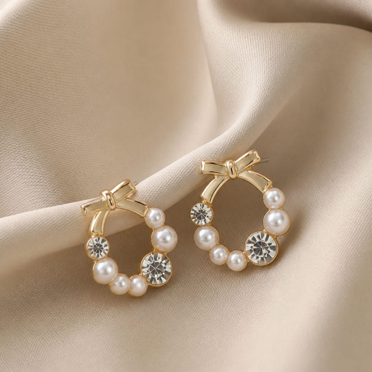Bow shape pearls Korean earrings