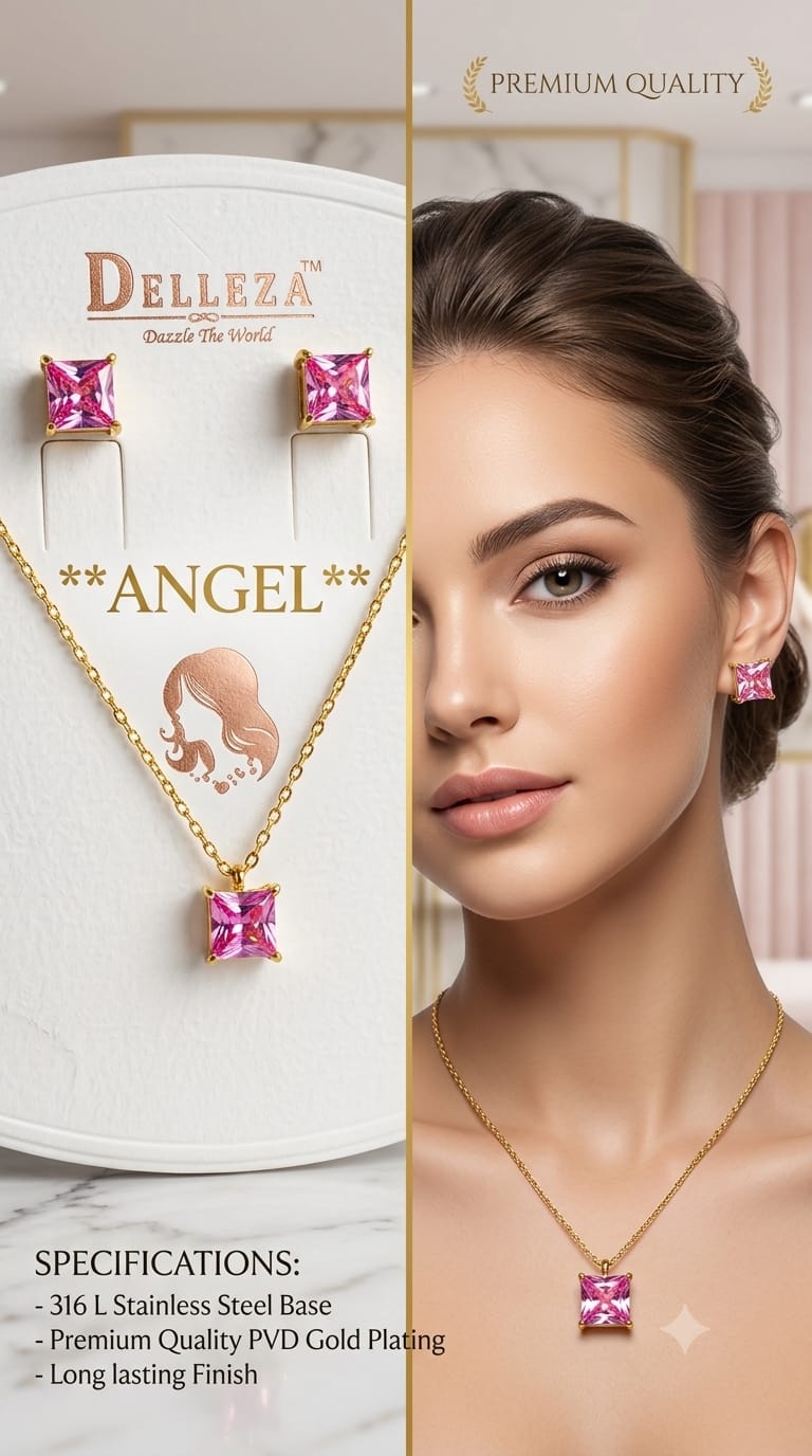 Stainless steel pink crystal necklace and matching stud earring