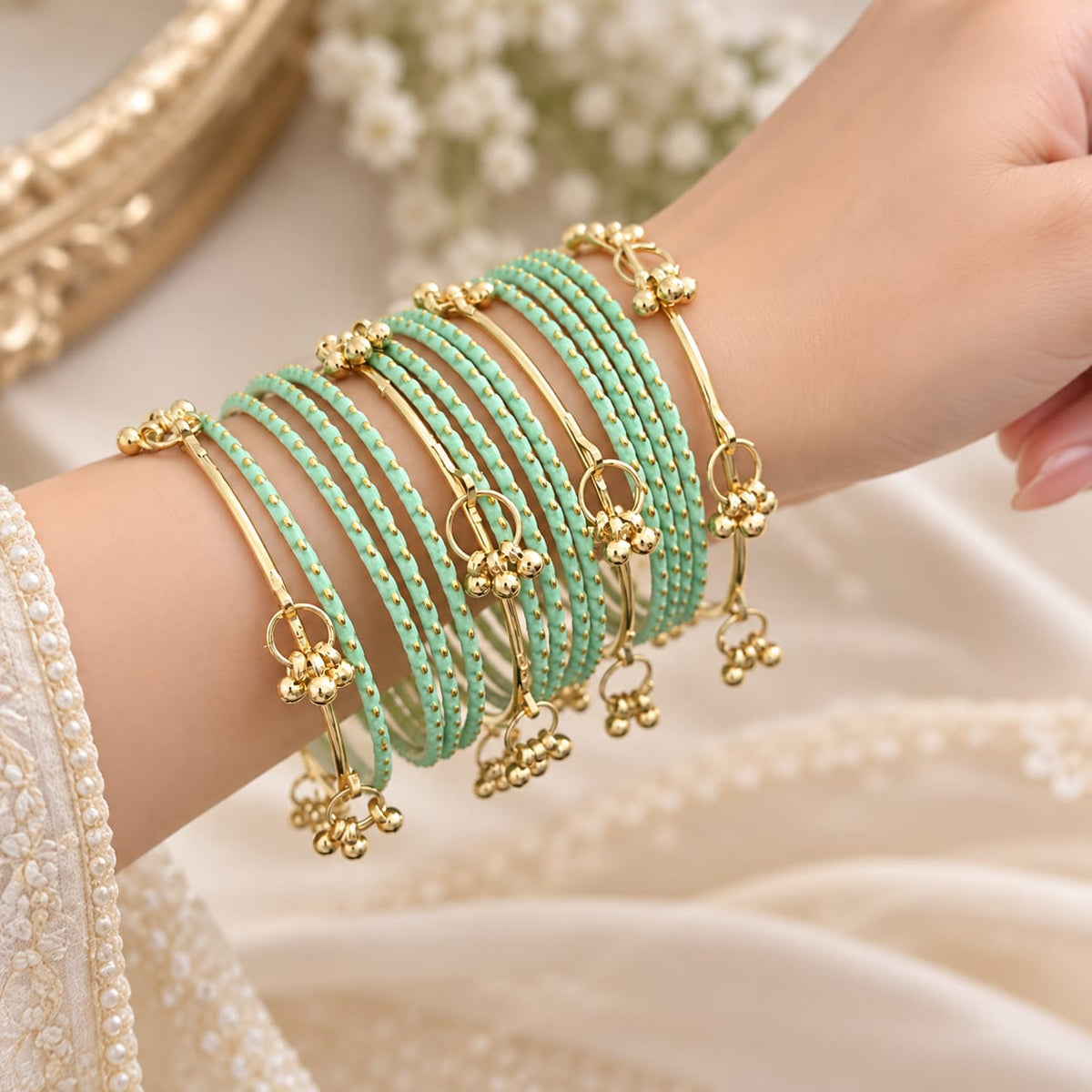 Set of 16 pcs mint green matte finishing with Kashmiri bangles