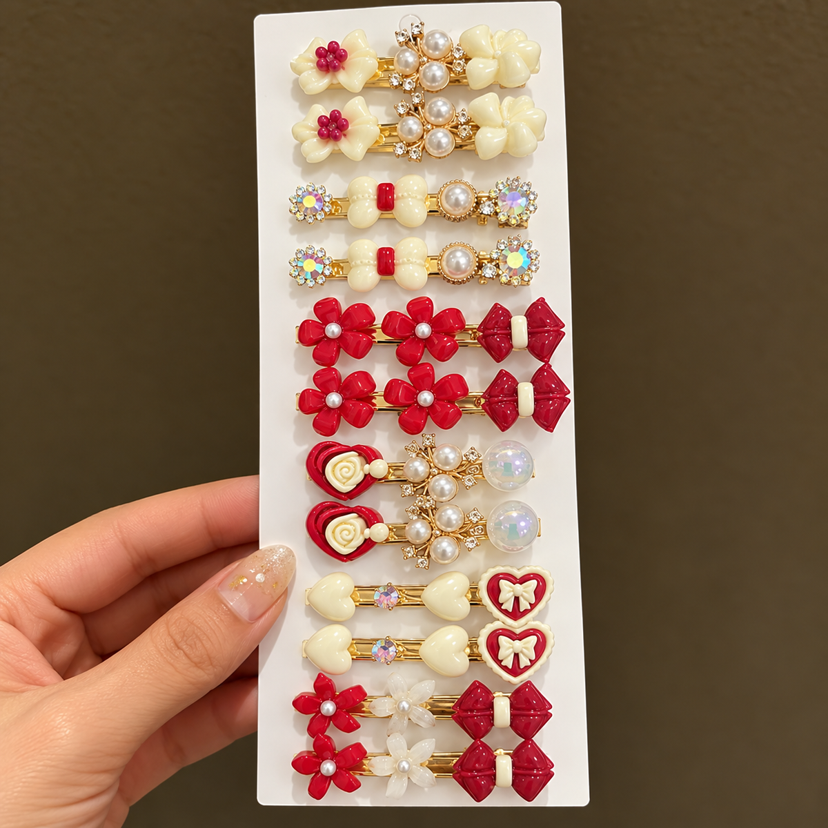 Set of 6 pair White and red hair pin