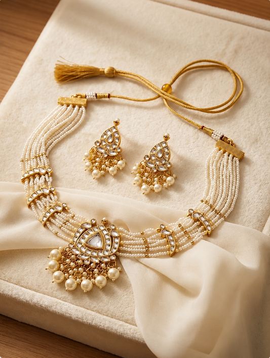 Golden with white moti necklace set