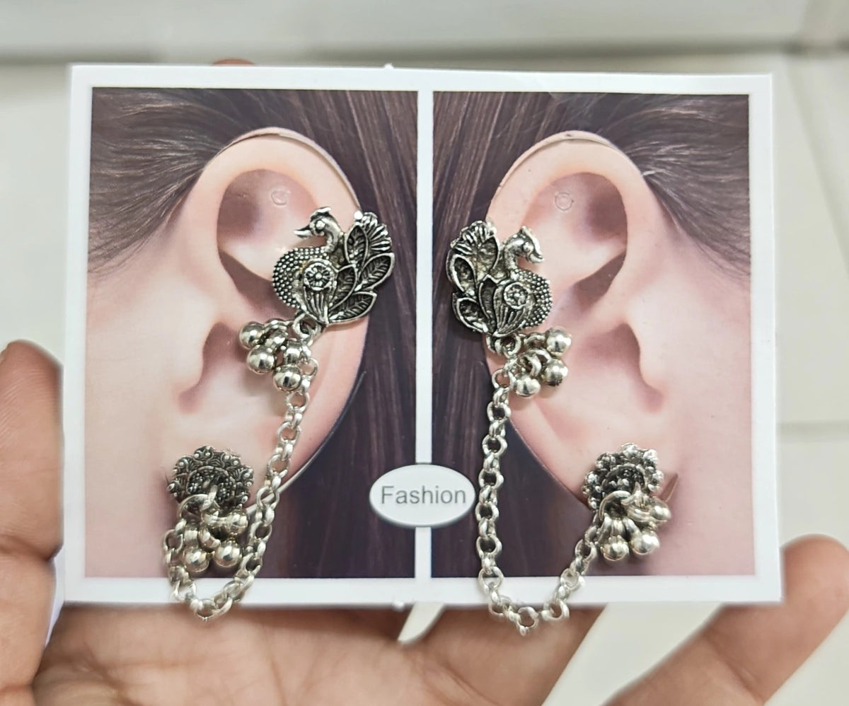 oxidised silver peacock ear cuff and chain earring set