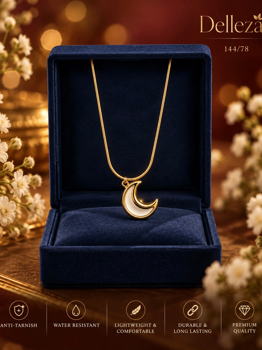 crescent moon pendant necklace with a smooth snake chain