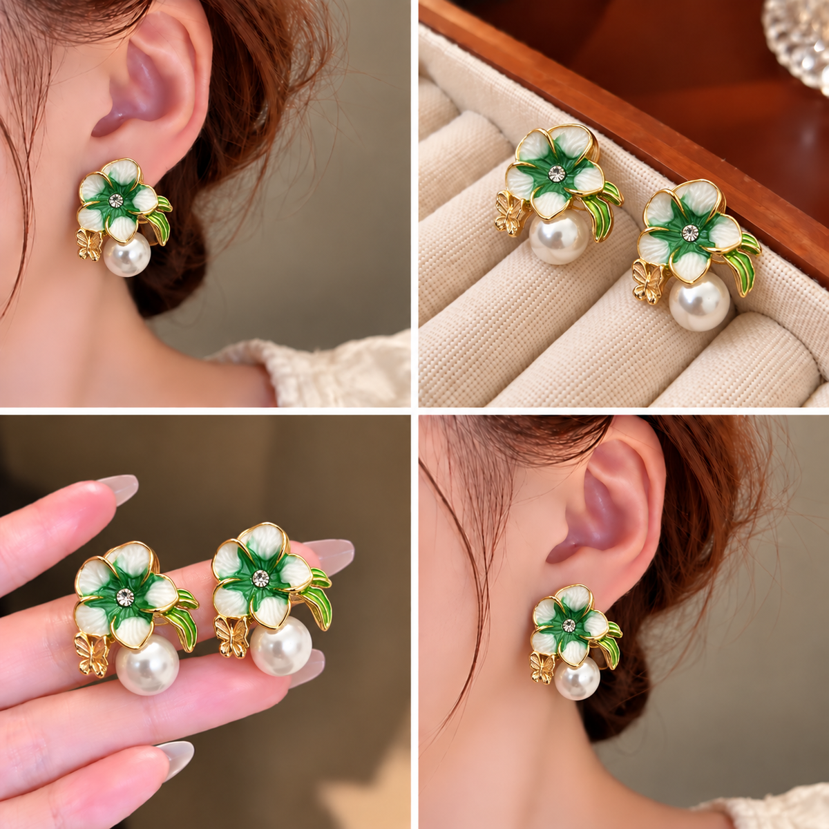 Korean-style enamel floral and pearl drop stud earrings