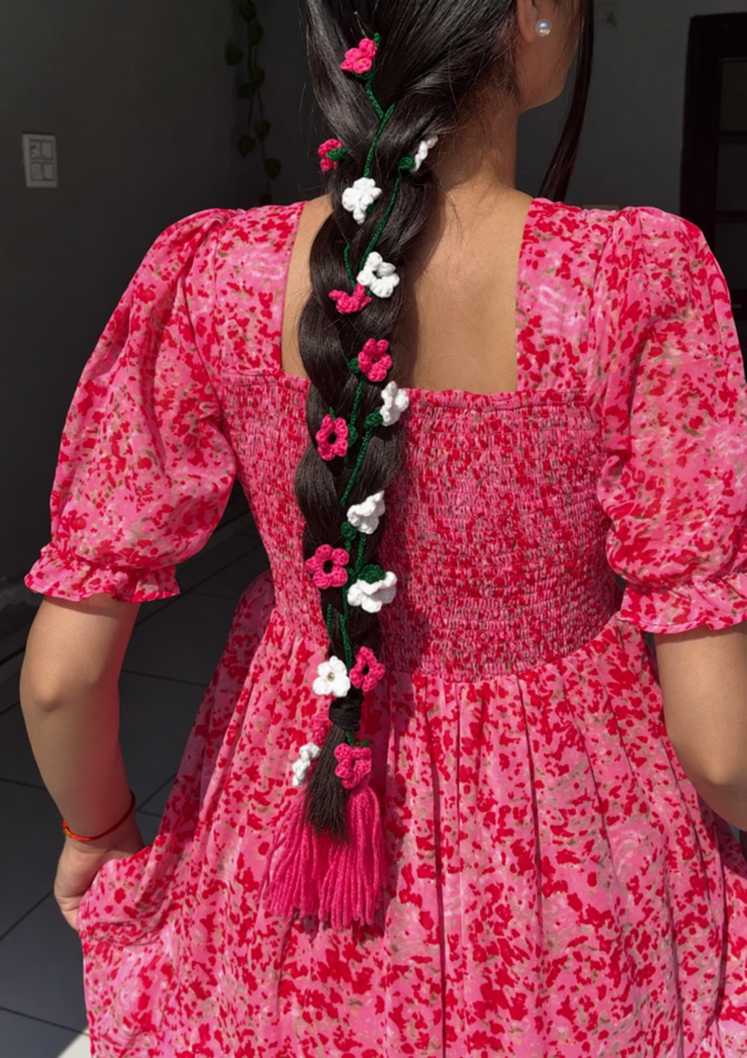 Crochet Hair long Parandi with Pink and White Flowers