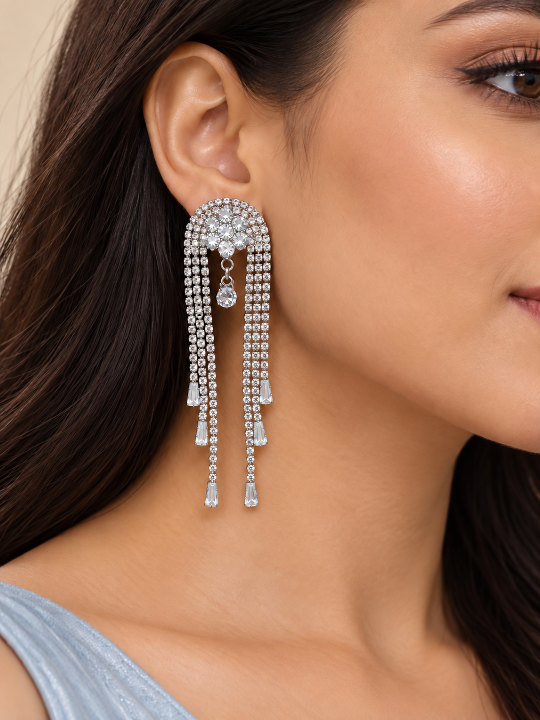 Silver Crystal Tassel Statement Earrings