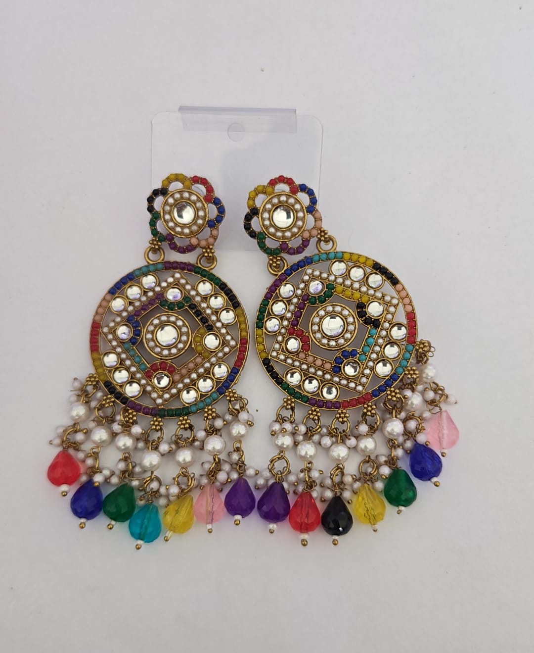 multicolor crystal beads and delicate pearl kundan drop earring