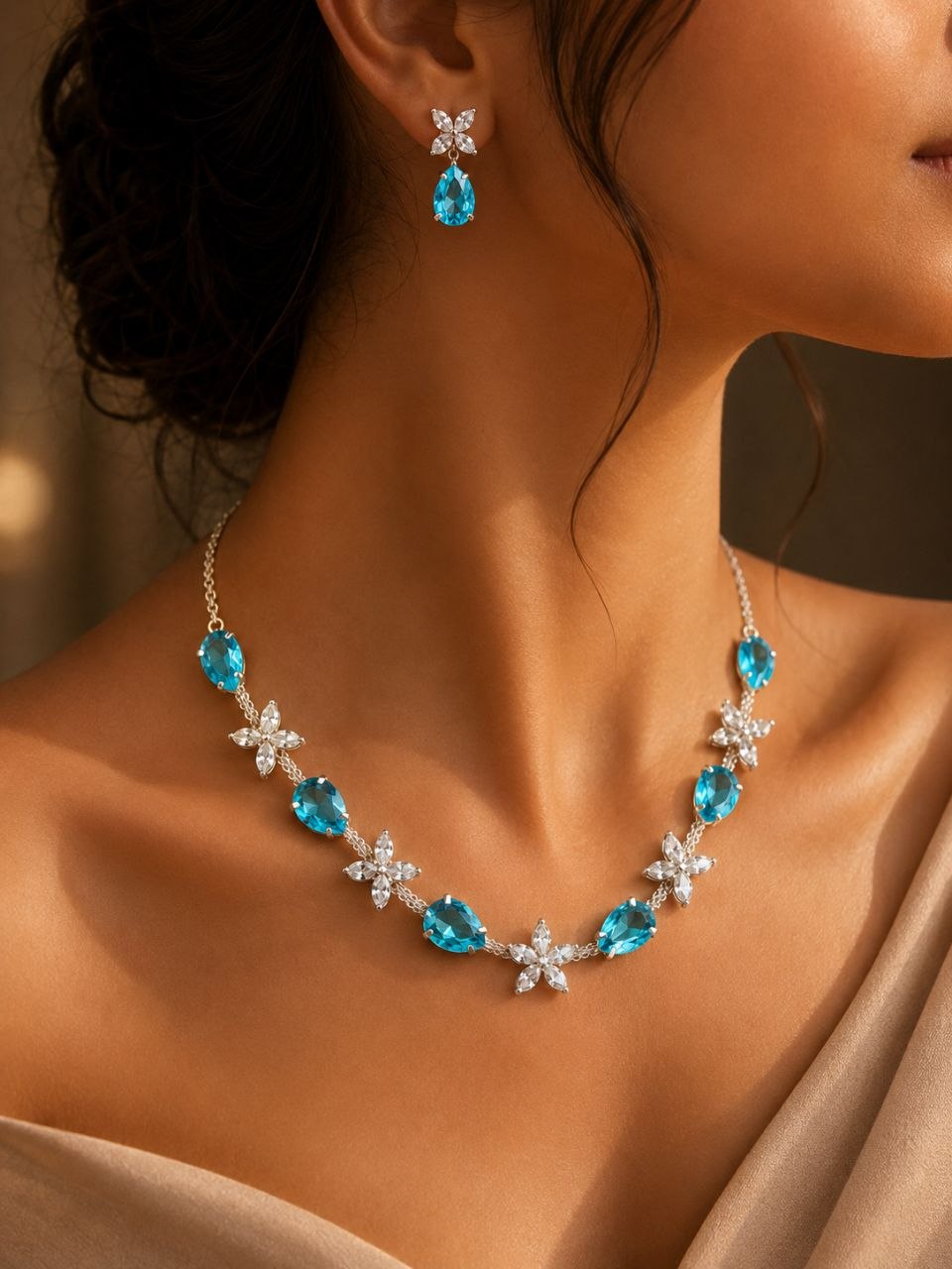 Premium Aqua Blue Crystal Floral Necklace with Matching Earrings